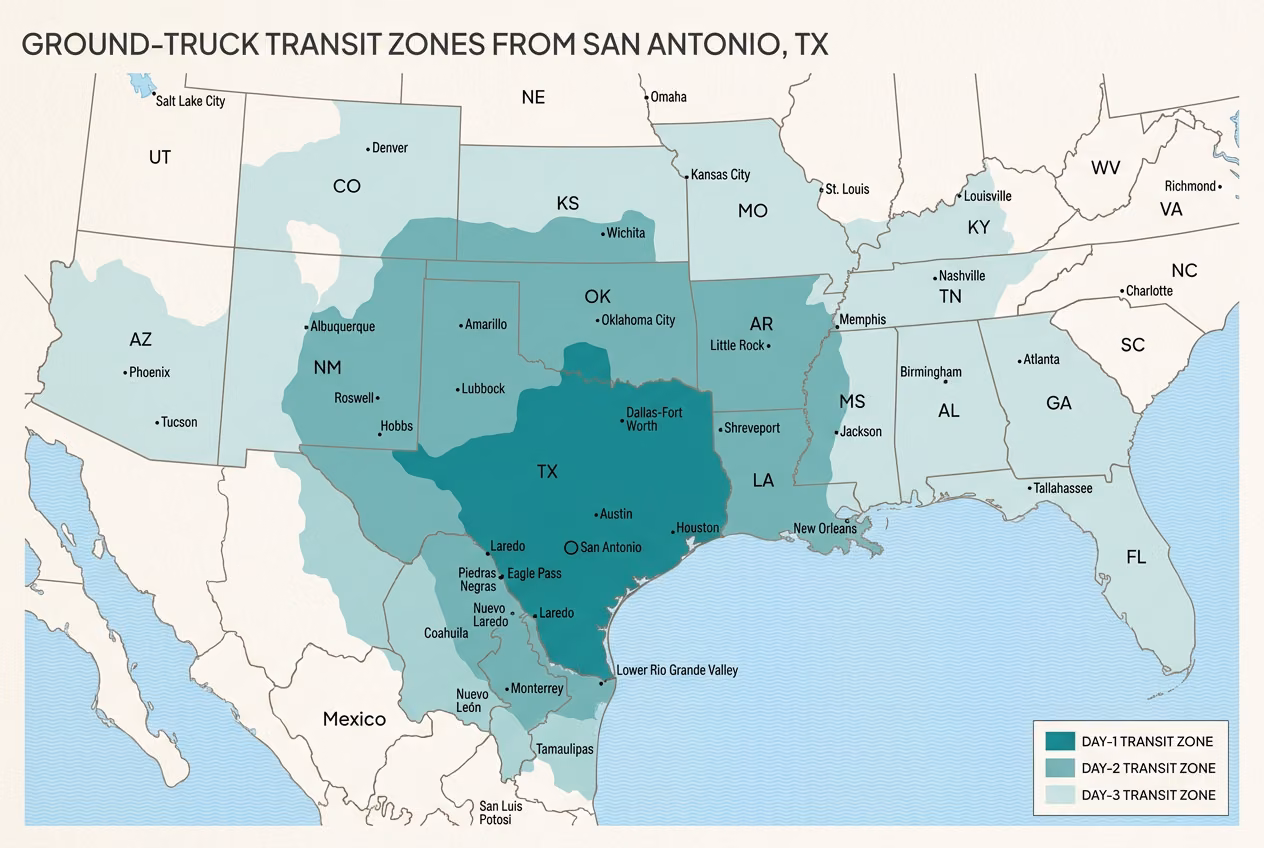 Ground transit-time map of the contiguous US from our San Antonio facility, with darker teal indicating faster delivery zones.