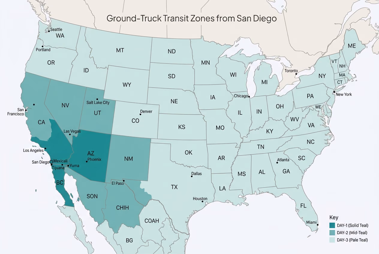 Ground transit-time map of the contiguous US from our San Diego facility, with darker teal indicating faster delivery zones.