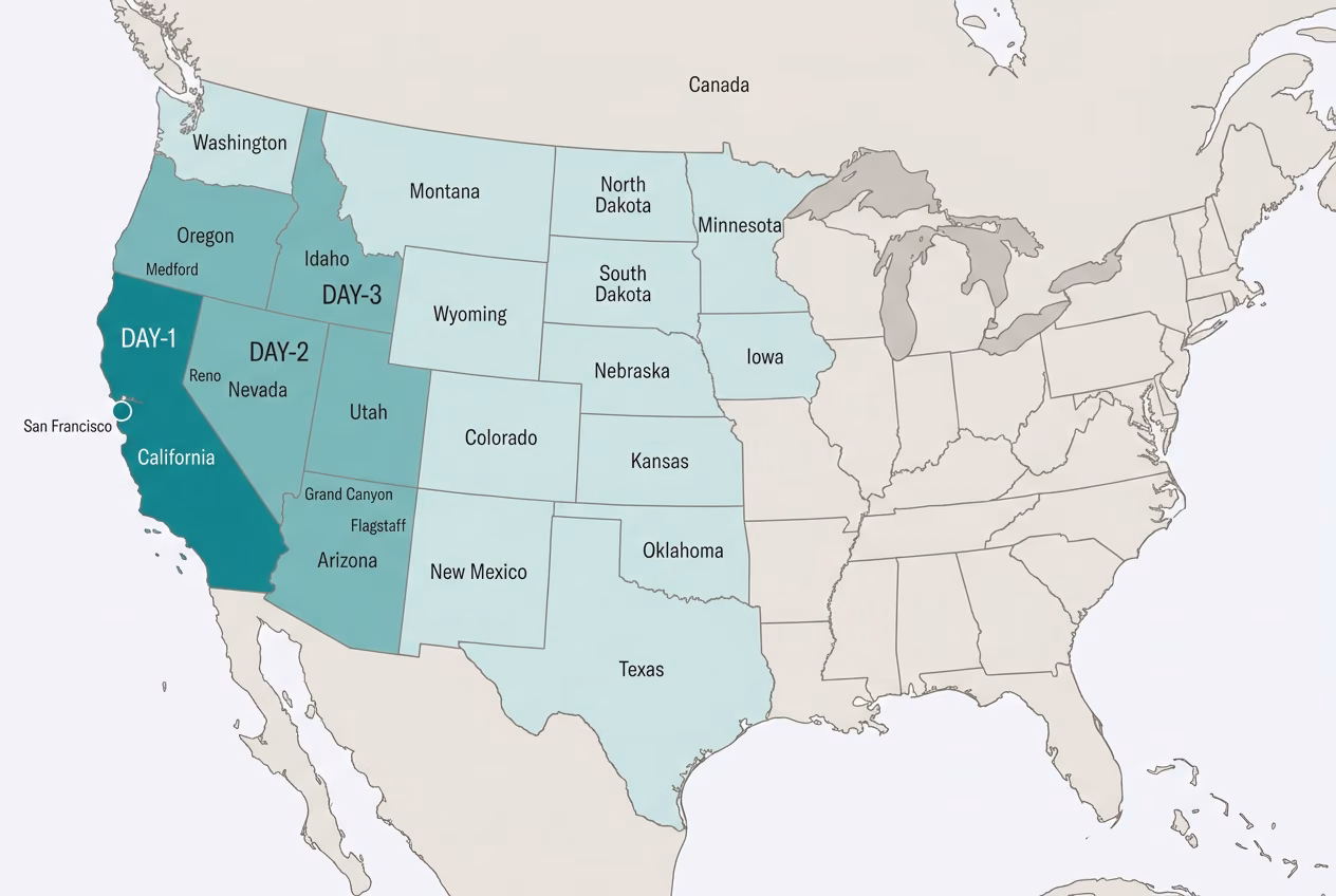 Ground transit-time map of the contiguous US from our San Francisco facility, with darker teal indicating faster delivery zones.