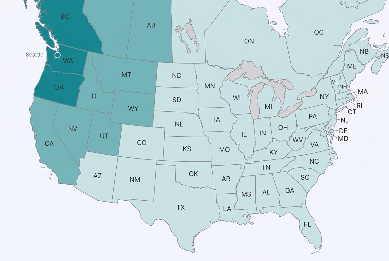 Ground transit-time map of the contiguous US from our Seattle facility, with darker teal indicating faster delivery zones.