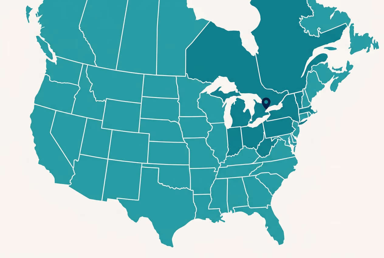Ground transit-time map of the contiguous US from our Toronto facility, with darker teal indicating faster delivery zones.