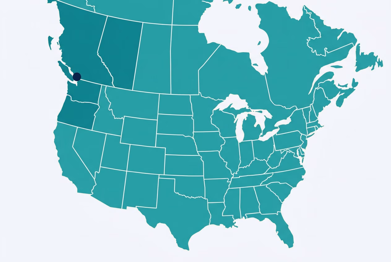Ground transit-time map of the contiguous US from our Vancouver facility, with darker teal indicating faster delivery zones.