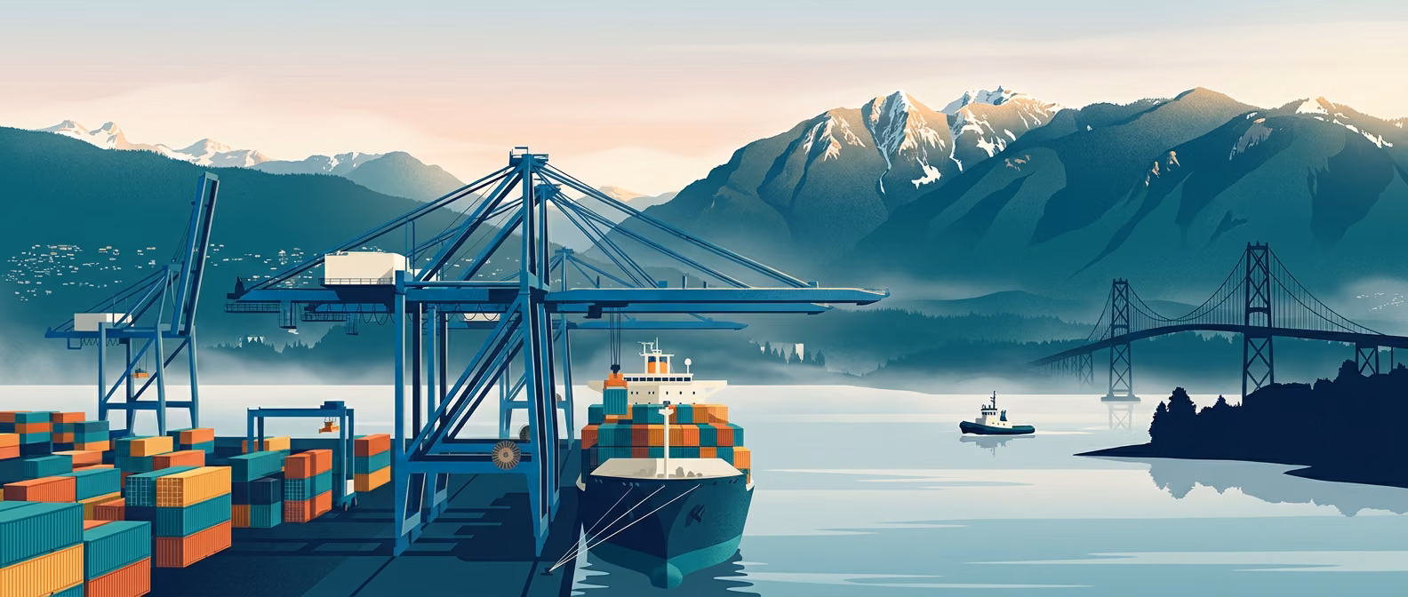 Port of Vancouver container terminal with North Shore Mountains, Lions Gate Bridge silhouette, and Vancouver-area industrial corridor.